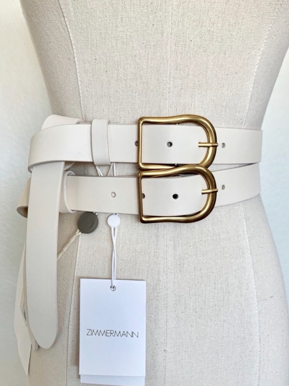 Zimmermann Double Buckle Cream Leather Waist Belt with Gold Hardware